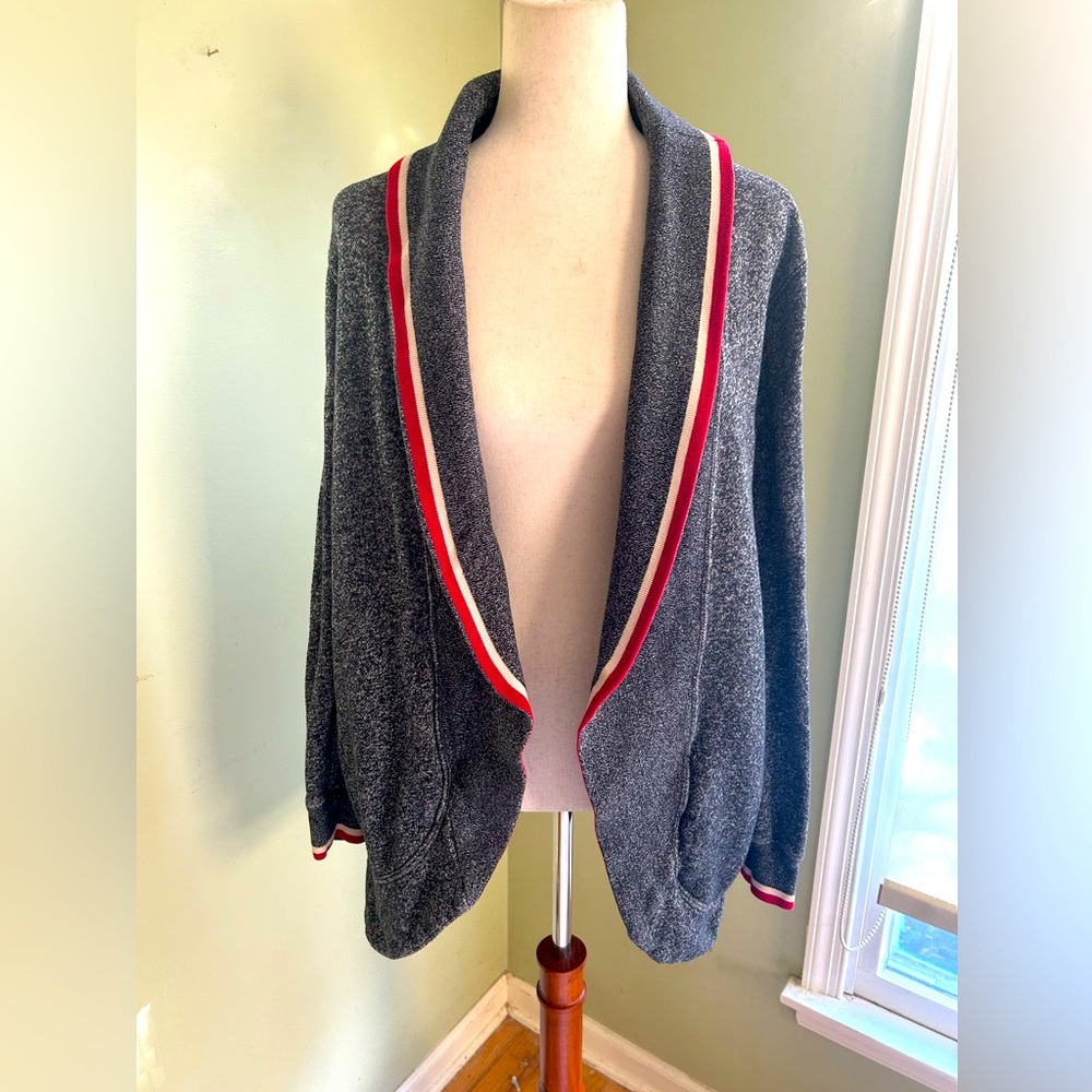 Roots Canada Cabin shawl collar sweater. Long open style. Dark heather grey Smal